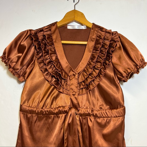 25Singles Brown Satin Ruffle Front Dress SZ S - Picture 3 of 10